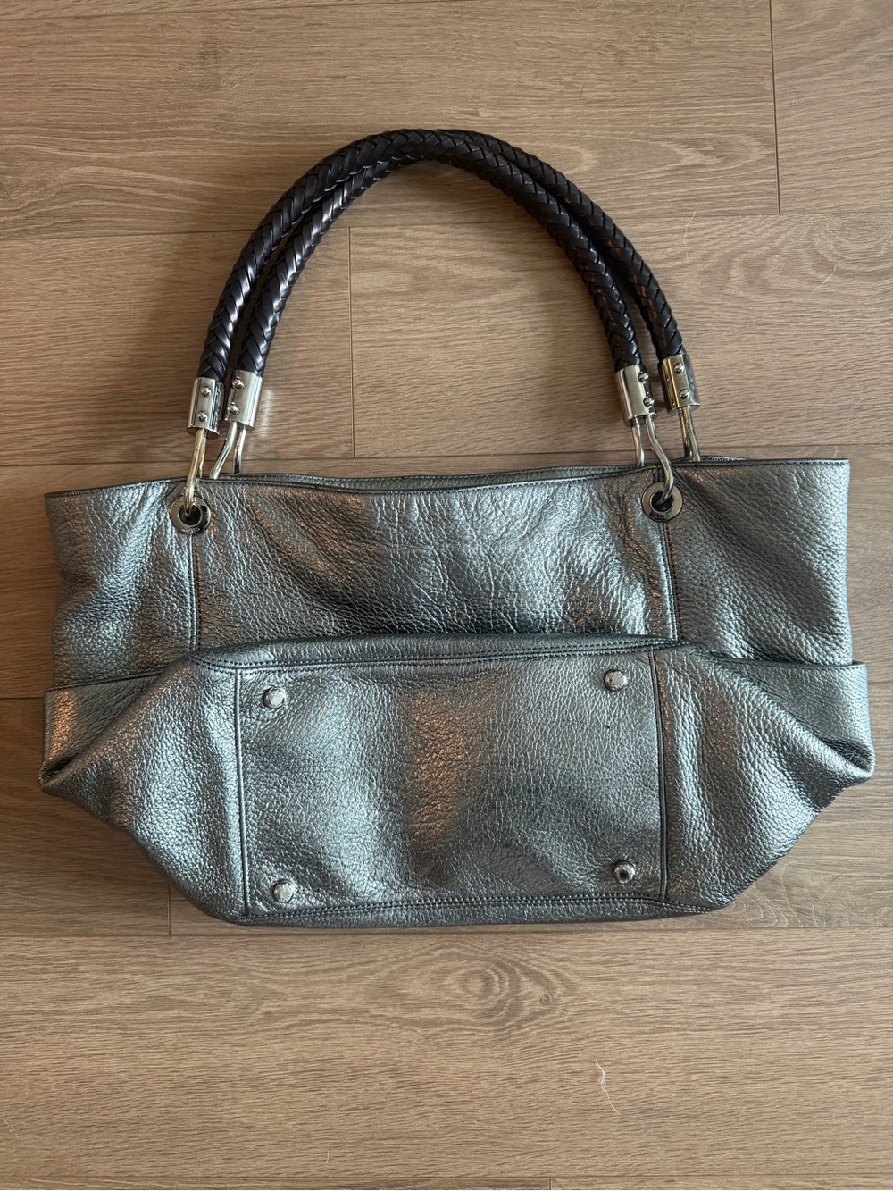 Michael Kors Skorpios Metallic Silver Leather Tote Bag Purse with Braided Handle - Picture 3 of 12